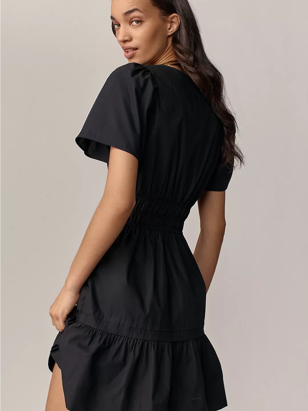 Anthropologie Somerset Mini Dress Womens Medium Black Shirred Waist V-Neck - Picture 3 of 11